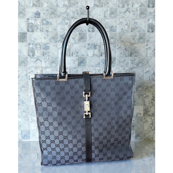 Gucci Handbags - Gucci Black Monogram Canvas & Leather Jackie Tote Bag w/ Silver Piston Lock